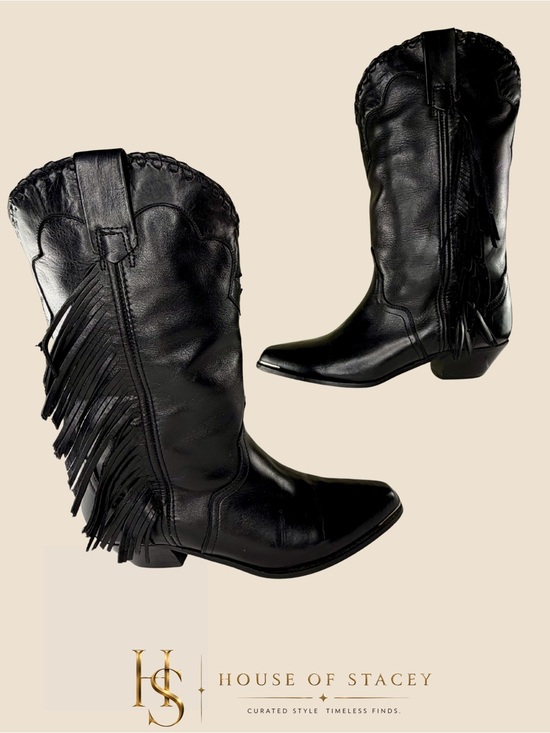 ACME Shoes - Acme Black Leather Fringe Cowboy Boots Size 7 Western Mid-Calf